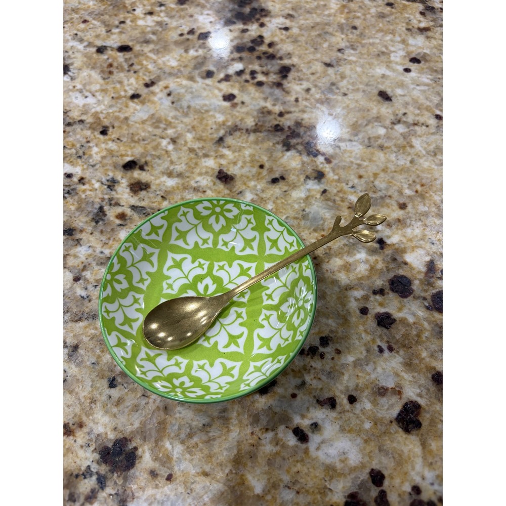 Greenβ White Ceramic Dipping Bowl and Gold Leaf Handle Spoon Set